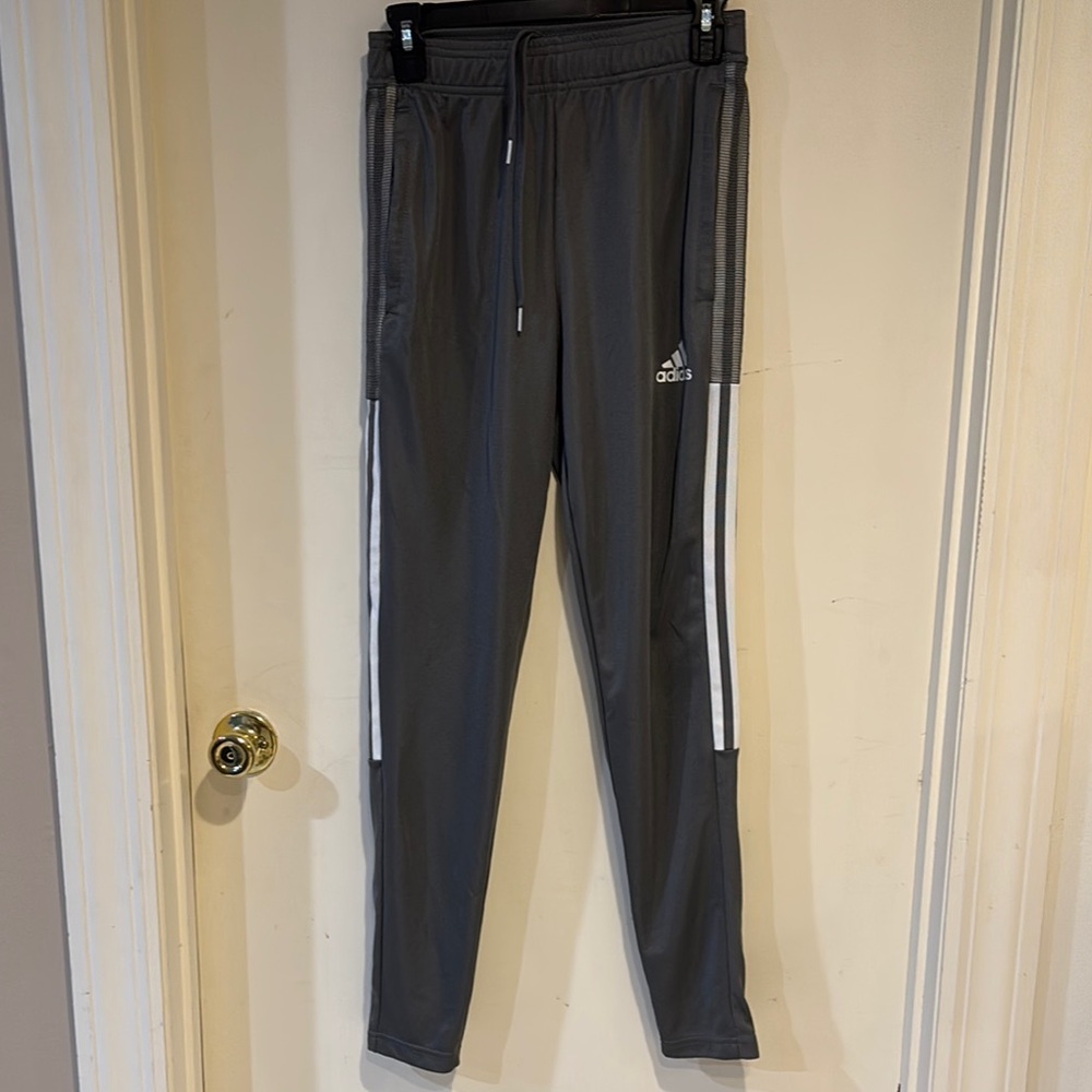 Adidas Gray Track Pants with White Stripes zipper bottom side